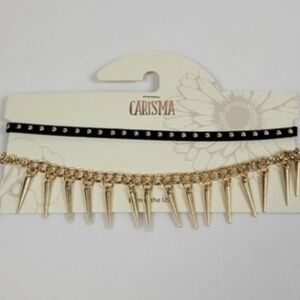 Carisma Black Suede Studded Choker Gold Tone Spike Chain Set of 2 Necklaces